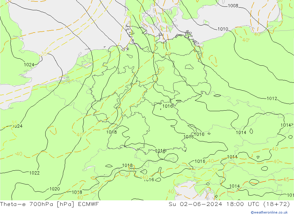 Theta-e 700hPa ECMWF Su 02.06.2024 18 UTC