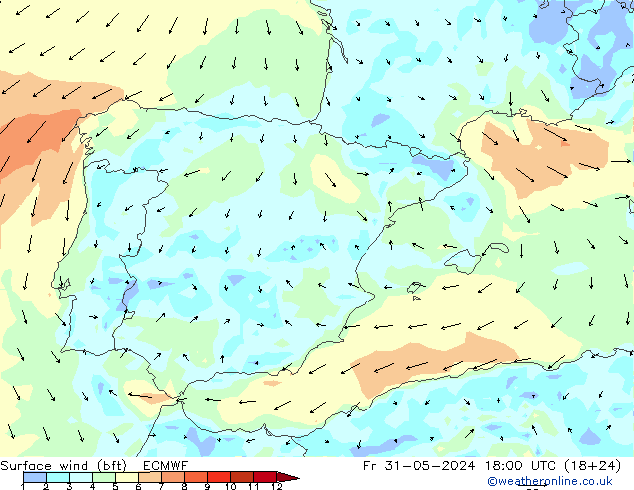 Surface wind (bft) ECMWF Fr 31.05.2024 18 UTC