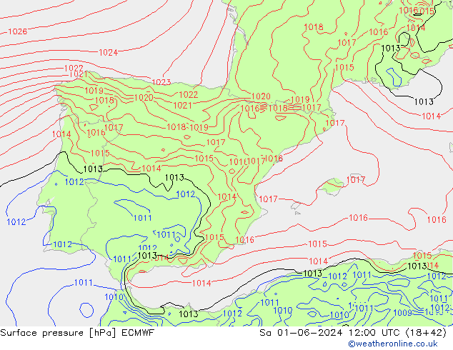 Presión superficial ECMWF sáb 01.06.2024 12 UTC