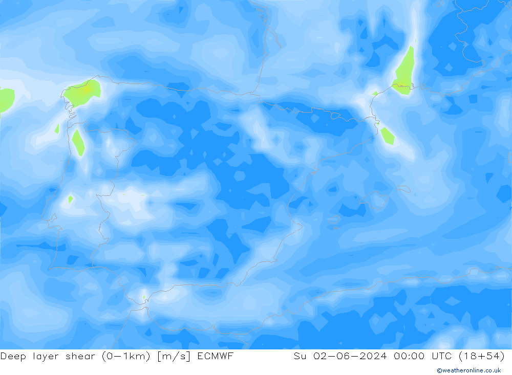 Deep layer shear (0-1km) ECMWF Dom 02.06.2024 00 UTC