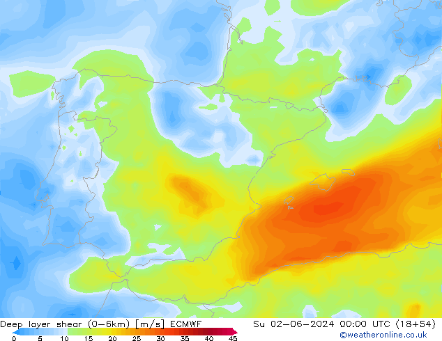 Deep layer shear (0-6km) ECMWF Dom 02.06.2024 00 UTC