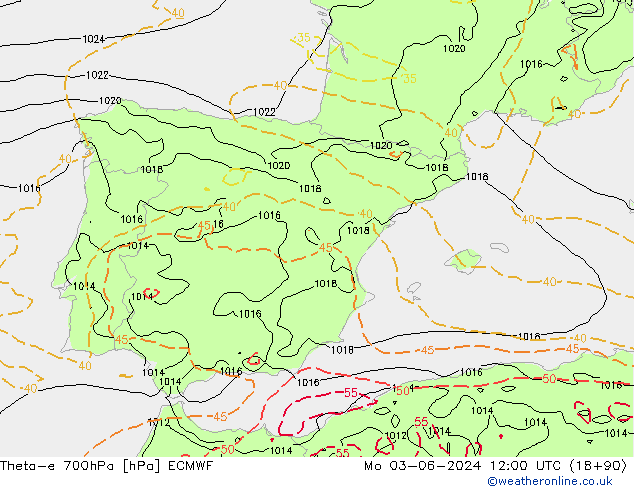 Theta-e 700hPa ECMWF Po 03.06.2024 12 UTC
