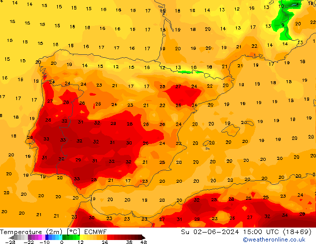 Temperature (2m) ECMWF Su 02.06.2024 15 UTC