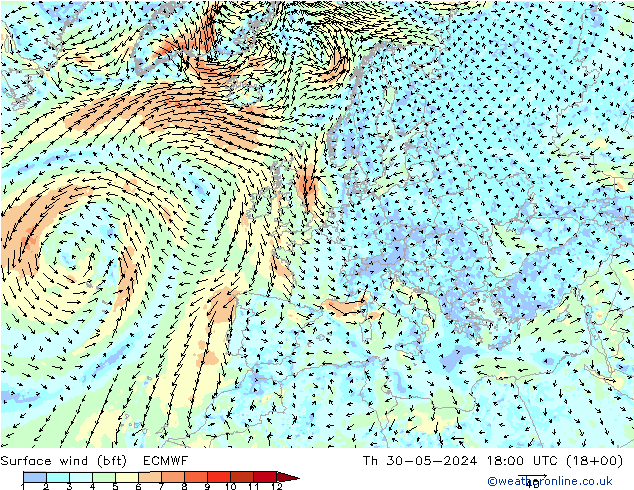 Surface wind (bft) ECMWF Čt 30.05.2024 18 UTC