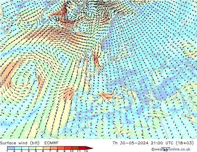 Surface wind (bft) ECMWF Th 30.05.2024 21 UTC