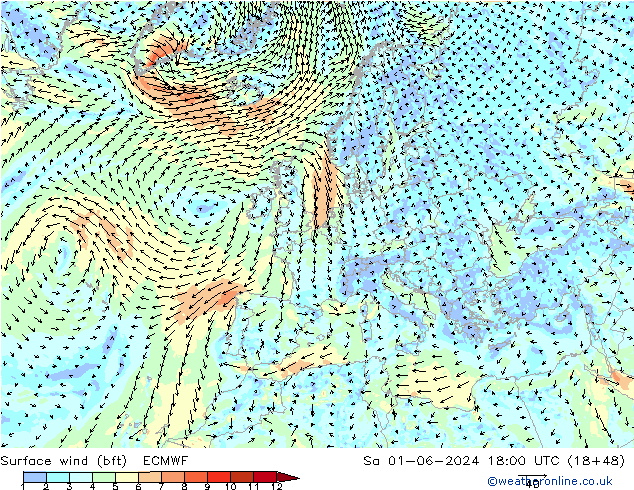 Viento 10 m (bft) ECMWF sáb 01.06.2024 18 UTC