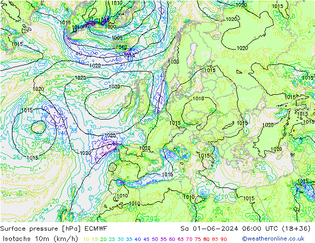 Isotachs (kph) ECMWF Sa 01.06.2024 06 UTC