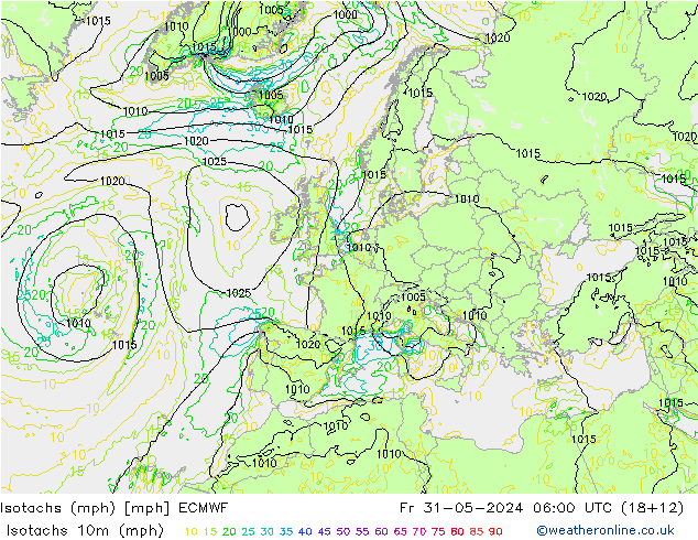 Isotachs (mph) ECMWF пт 31.05.2024 06 UTC