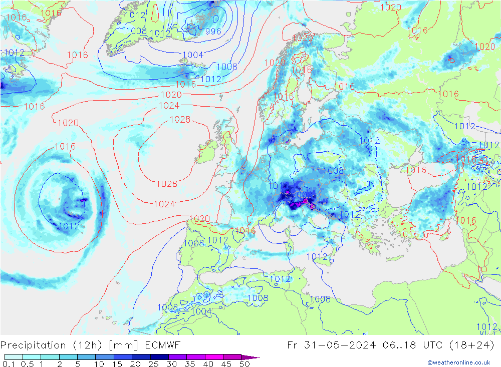 Precipitation (12h) ECMWF Pá 31.05.2024 18 UTC