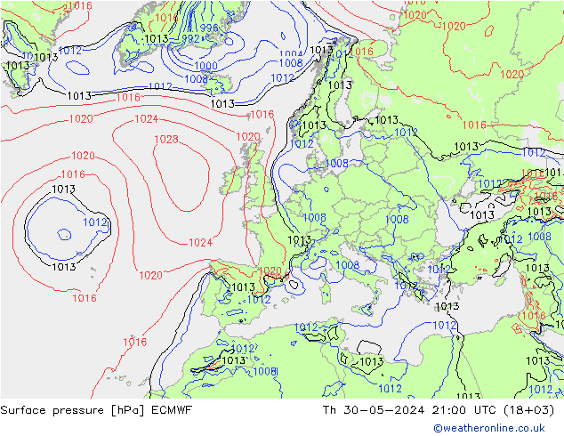 pressão do solo ECMWF Qui 30.05.2024 21 UTC