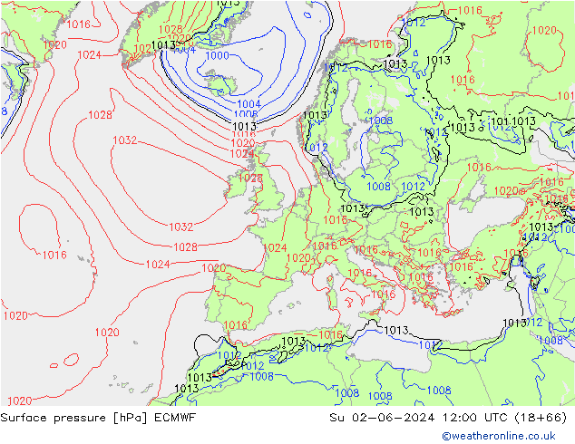 Luchtdruk (Grond) ECMWF zo 02.06.2024 12 UTC