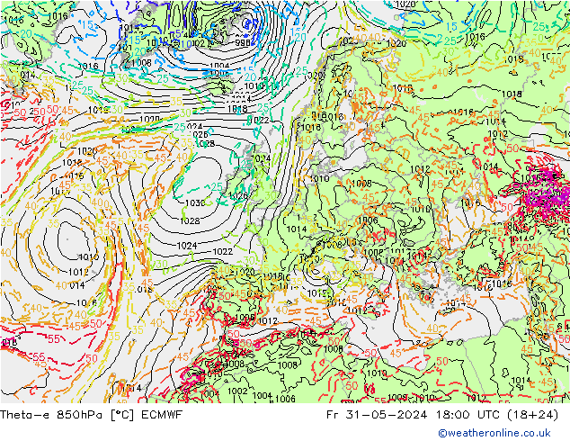 Theta-e 850hPa ECMWF vie 31.05.2024 18 UTC