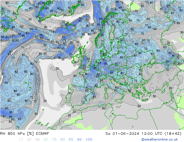 RH 850 hPa ECMWF Sa 01.06.2024 12 UTC