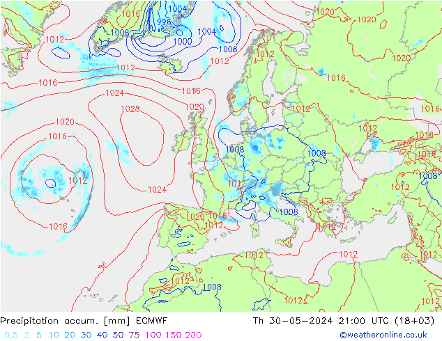 Precipitation accum. ECMWF Th 30.05.2024 21 UTC