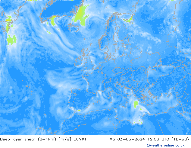 Deep layer shear (0-1km) ECMWF Mo 03.06.2024 12 UTC