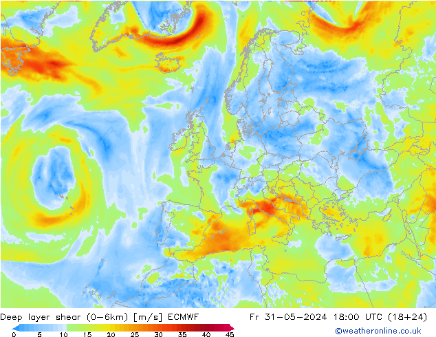 Deep layer shear (0-6km) ECMWF vr 31.05.2024 18 UTC