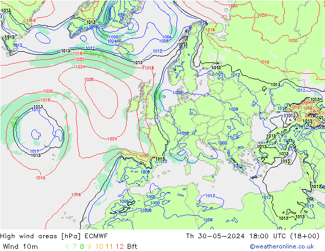 High wind areas ECMWF 星期四 30.05.2024 18 UTC