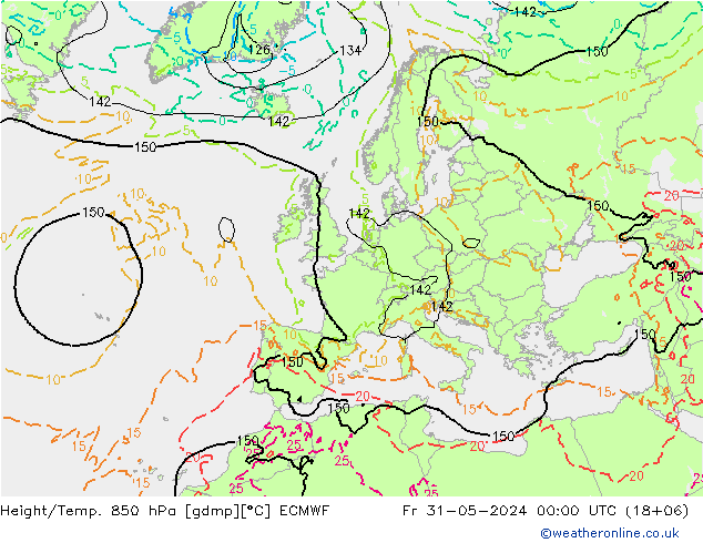 Hoogte/Temp. 850 hPa ECMWF vr 31.05.2024 00 UTC