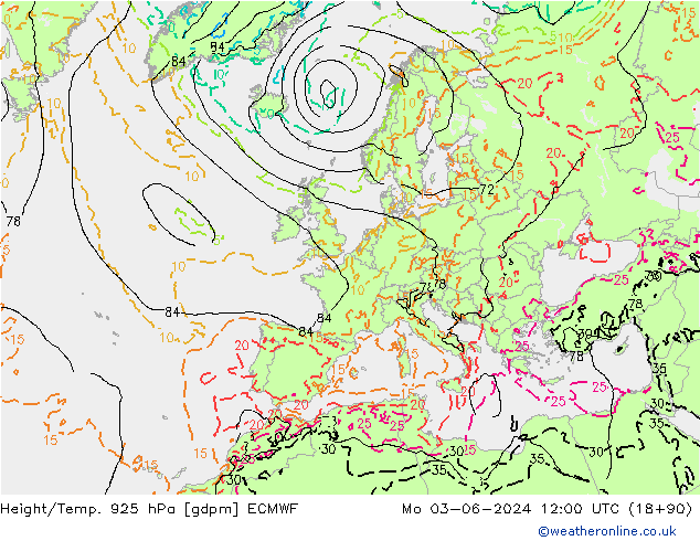 Yükseklik/Sıc. 925 hPa ECMWF Pzt 03.06.2024 12 UTC