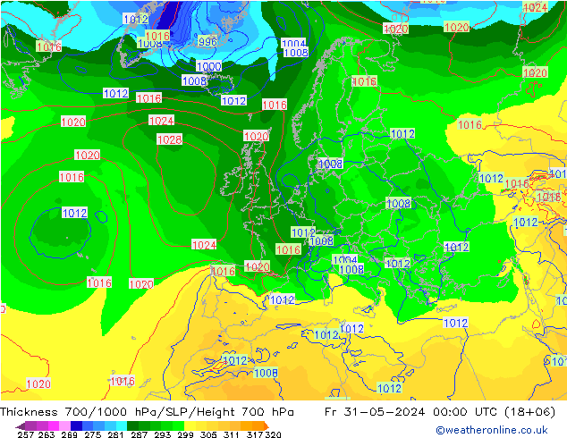 Thck 700-1000 гПа ECMWF пт 31.05.2024 00 UTC