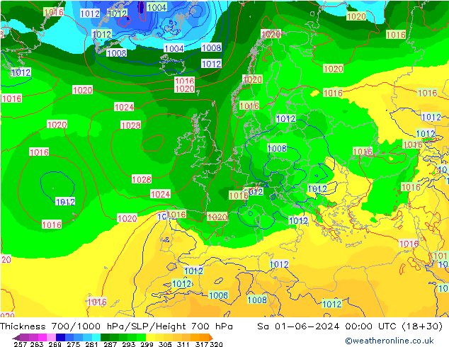 Thck 700-1000 hPa ECMWF So 01.06.2024 00 UTC