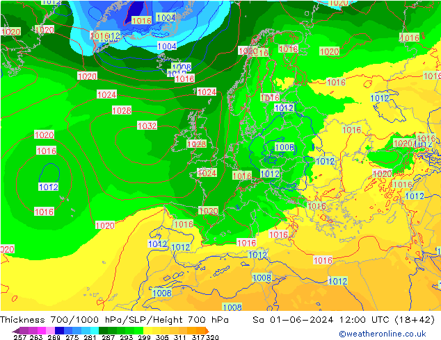 Schichtdicke 700-1000 hPa ECMWF Sa 01.06.2024 12 UTC