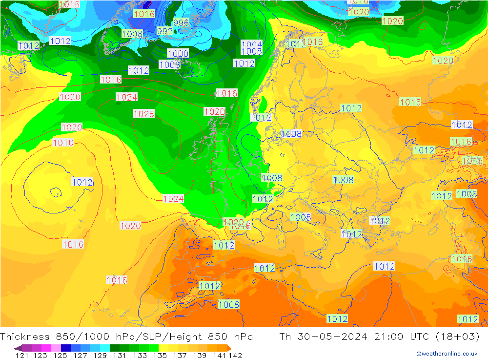 850-1000 hPa Kalınlığı ECMWF Per 30.05.2024 21 UTC