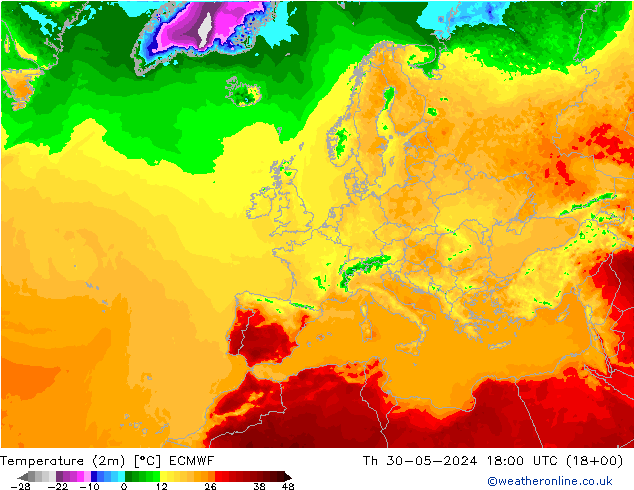 mapa temperatury (2m) ECMWF czw. 30.05.2024 18 UTC