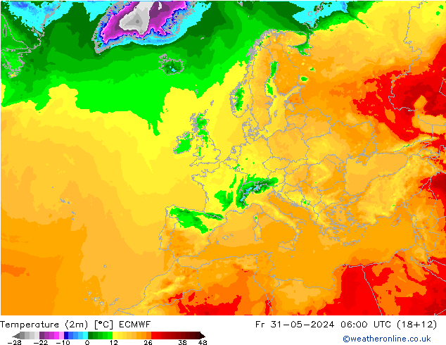 mapa temperatury (2m) ECMWF pt. 31.05.2024 06 UTC