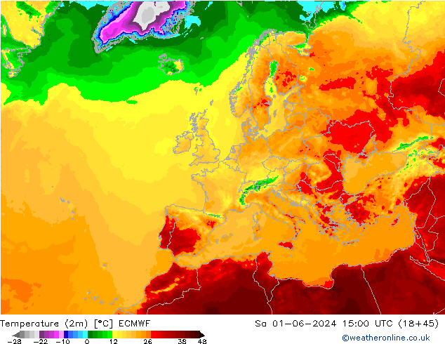 Temperatura (2m) ECMWF sab 01.06.2024 15 UTC