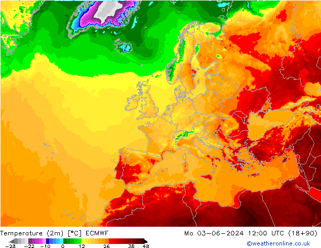 Temperaturkarte (2m) ECMWF Mo 03.06.2024 12 UTC