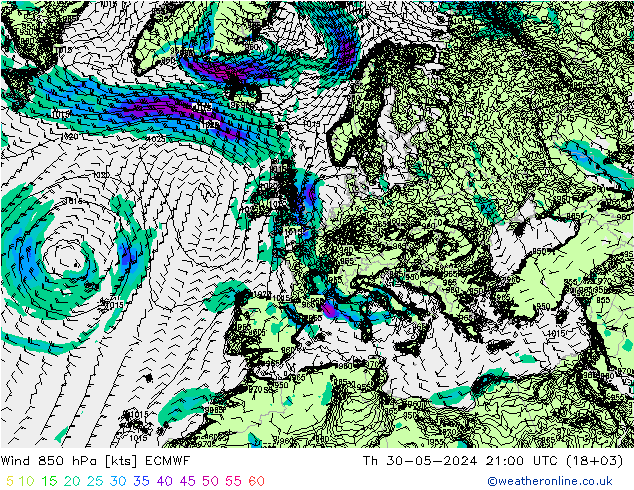 Wind 850 hPa ECMWF Do 30.05.2024 21 UTC