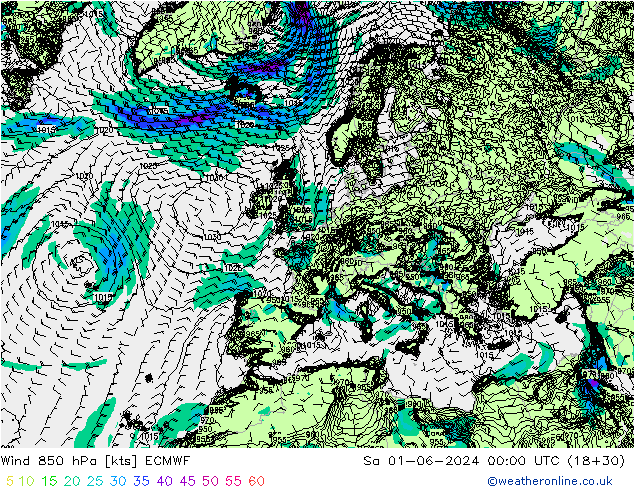Rüzgar 850 hPa ECMWF Cts 01.06.2024 00 UTC