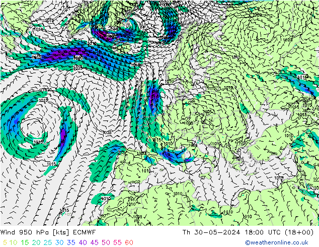 Viento 950 hPa ECMWF jue 30.05.2024 18 UTC