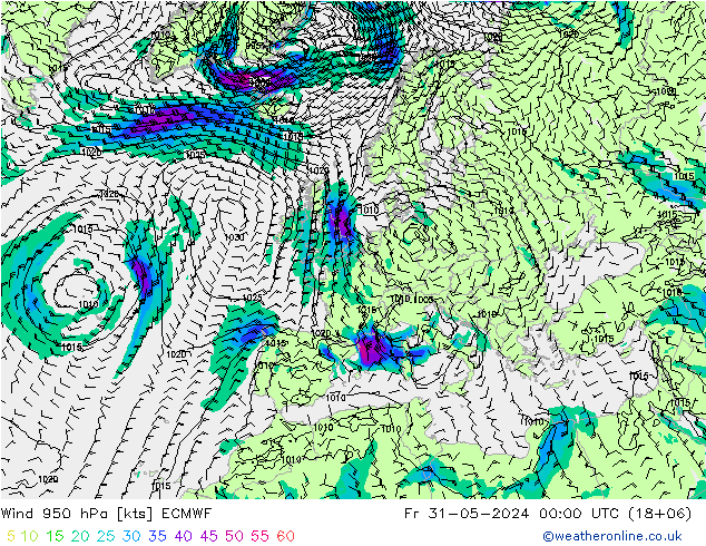 Prec 6h/Wind 10m/950 ECMWF Sex 31.05.2024 00 UTC