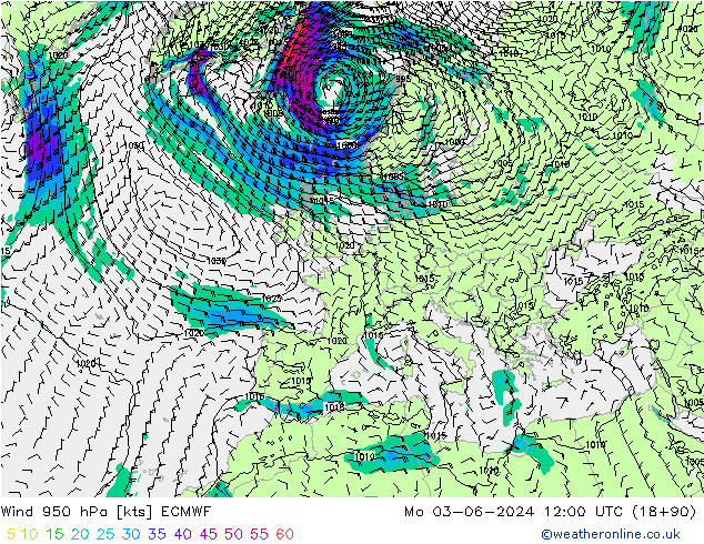 Wind 950 hPa ECMWF Mo 03.06.2024 12 UTC