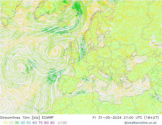 Streamlines 10m ECMWF Pá 31.05.2024 21 UTC