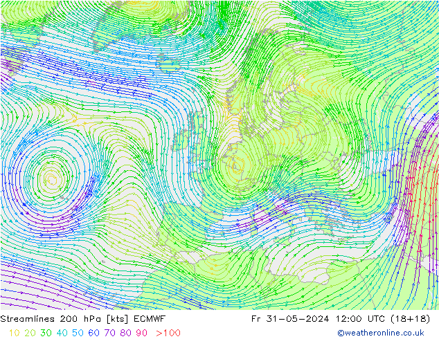 Linia prądu 200 hPa ECMWF pt. 31.05.2024 12 UTC