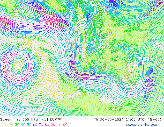 Stromlinien 300 hPa ECMWF Do 30.05.2024 21 UTC