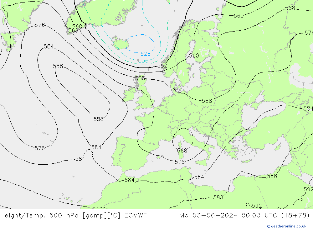 Z500/Rain (+SLP)/Z850 ECMWF Mo 03.06.2024 00 UTC