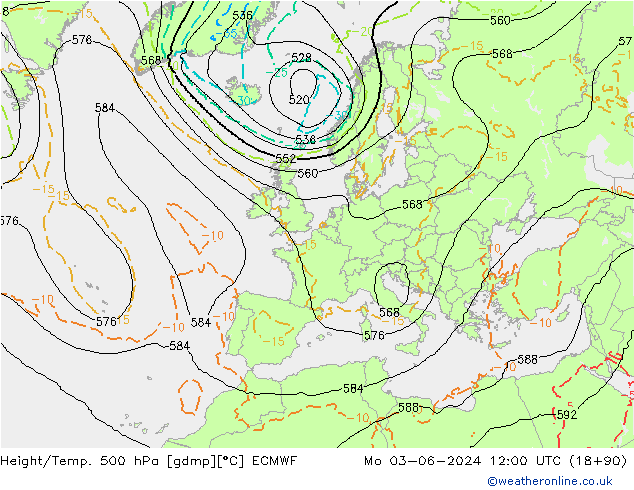 Z500/Rain (+SLP)/Z850 ECMWF Po 03.06.2024 12 UTC