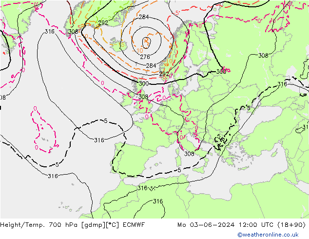 Height/Temp. 700 hPa ECMWF Mo 03.06.2024 12 UTC