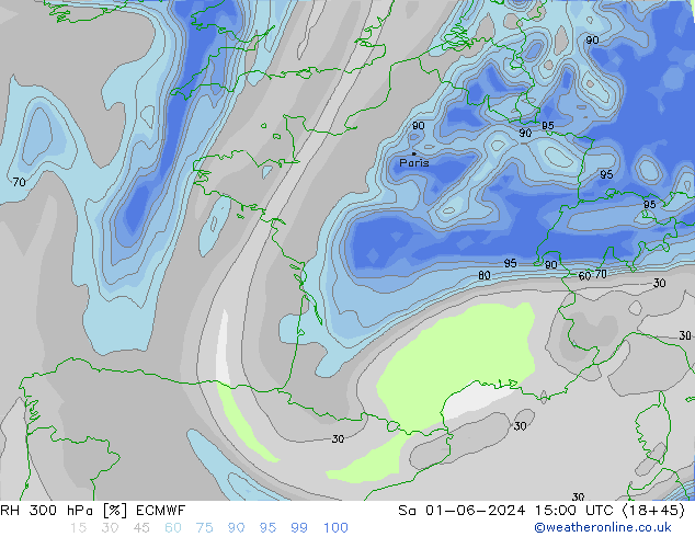 RH 300 hPa ECMWF sab 01.06.2024 15 UTC