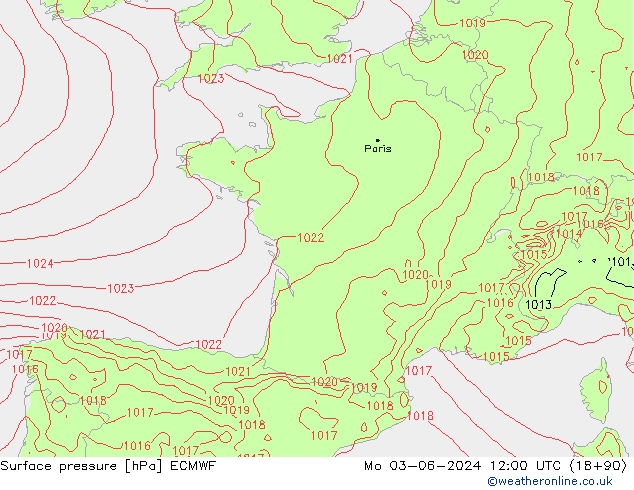 Surface pressure ECMWF Mo 03.06.2024 12 UTC