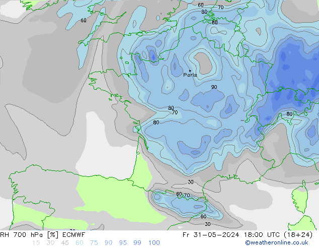 RH 700 hPa ECMWF pt. 31.05.2024 18 UTC