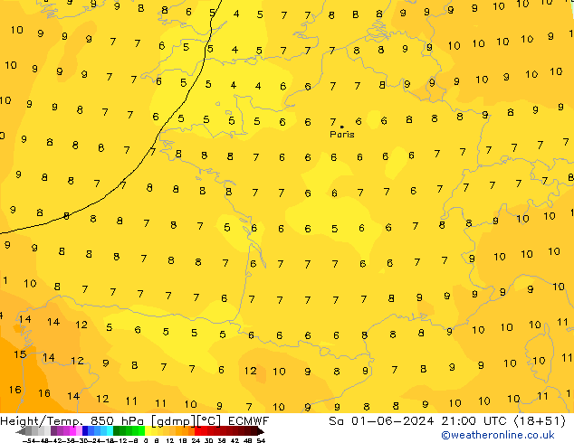 Height/Temp. 850 hPa ECMWF sab 01.06.2024 21 UTC