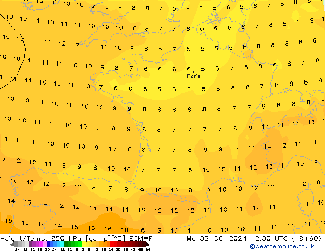 Height/Temp. 850 hPa ECMWF Mo 03.06.2024 12 UTC