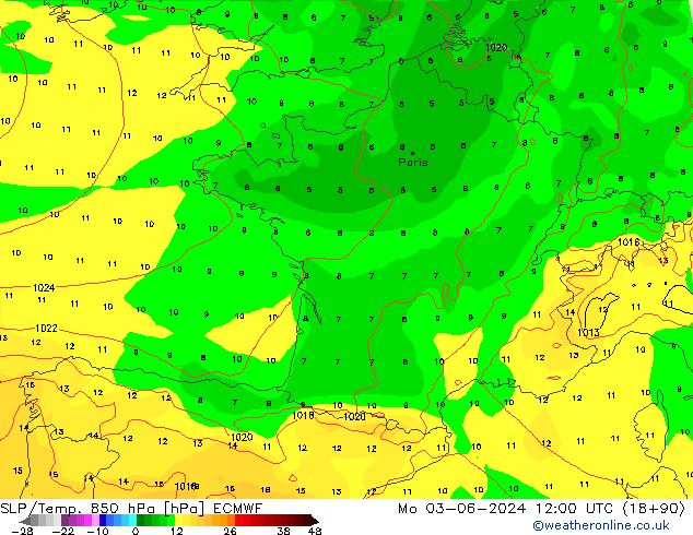 SLP/Temp. 850 hPa ECMWF  03.06.2024 12 UTC