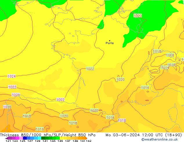 Dikte 850-1000 hPa ECMWF ma 03.06.2024 12 UTC