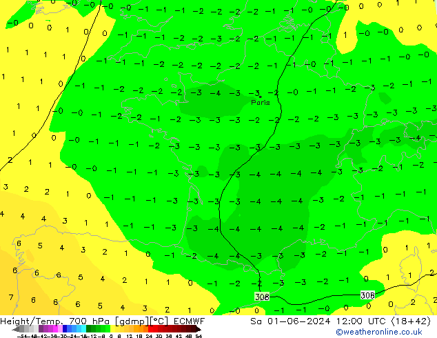 Géop./Temp. 700 hPa ECMWF sam 01.06.2024 12 UTC